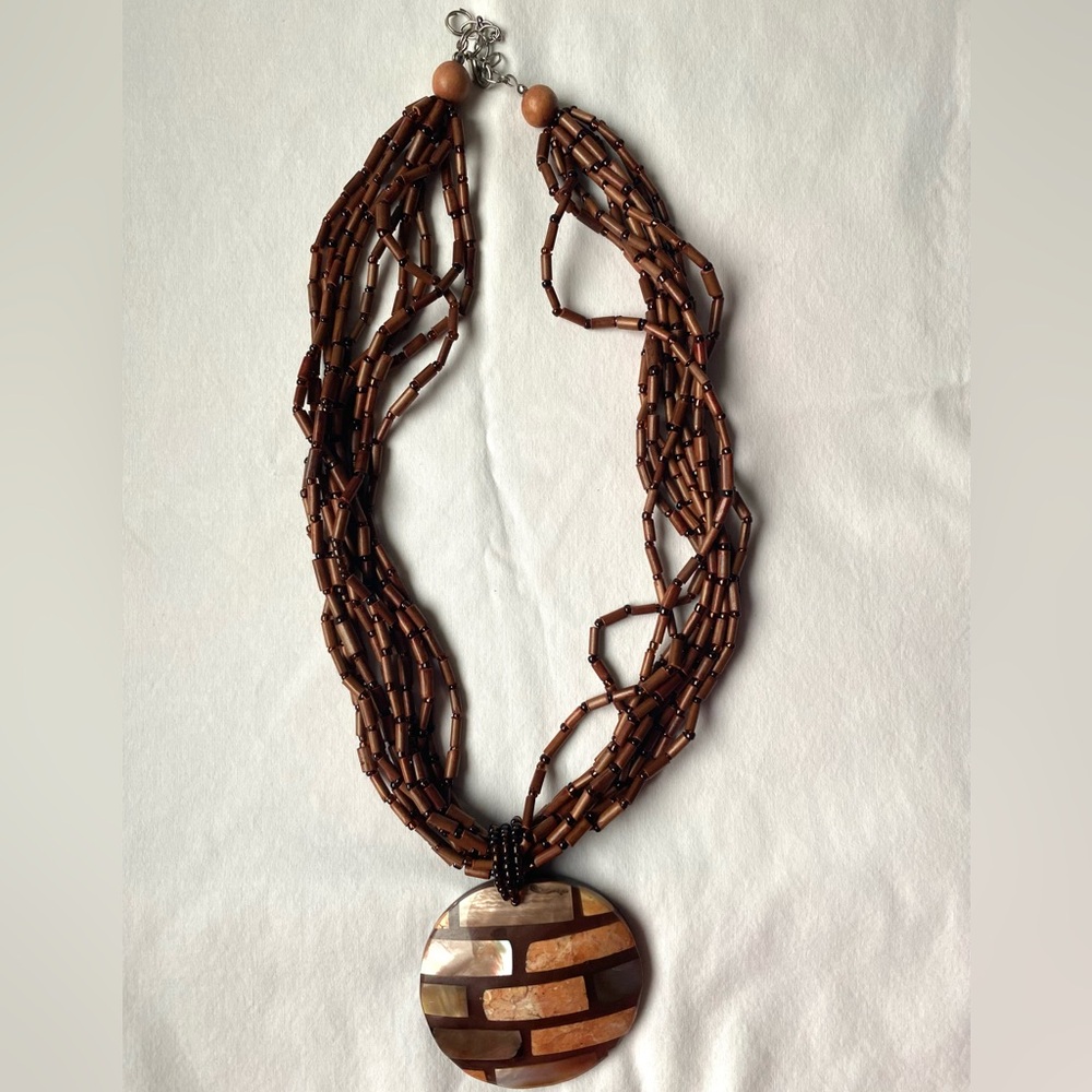 Vintage 10 Strand Bead Necklace Round Pendant With Mother-Of-Pearl Mosaic Inlay